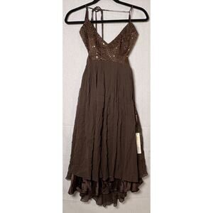 Issue New York Women's 10 Brown Silk Cocktail Dress Halter Cottage Whimsy NWT